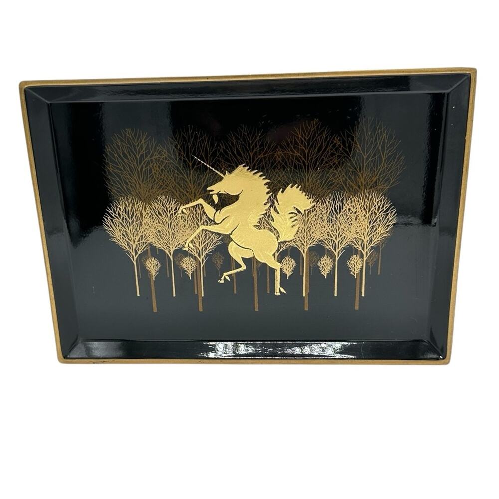 Vintage Otagiri Japan Lacquer Tray Unicorn Black Gold 5 X 7.25 inches